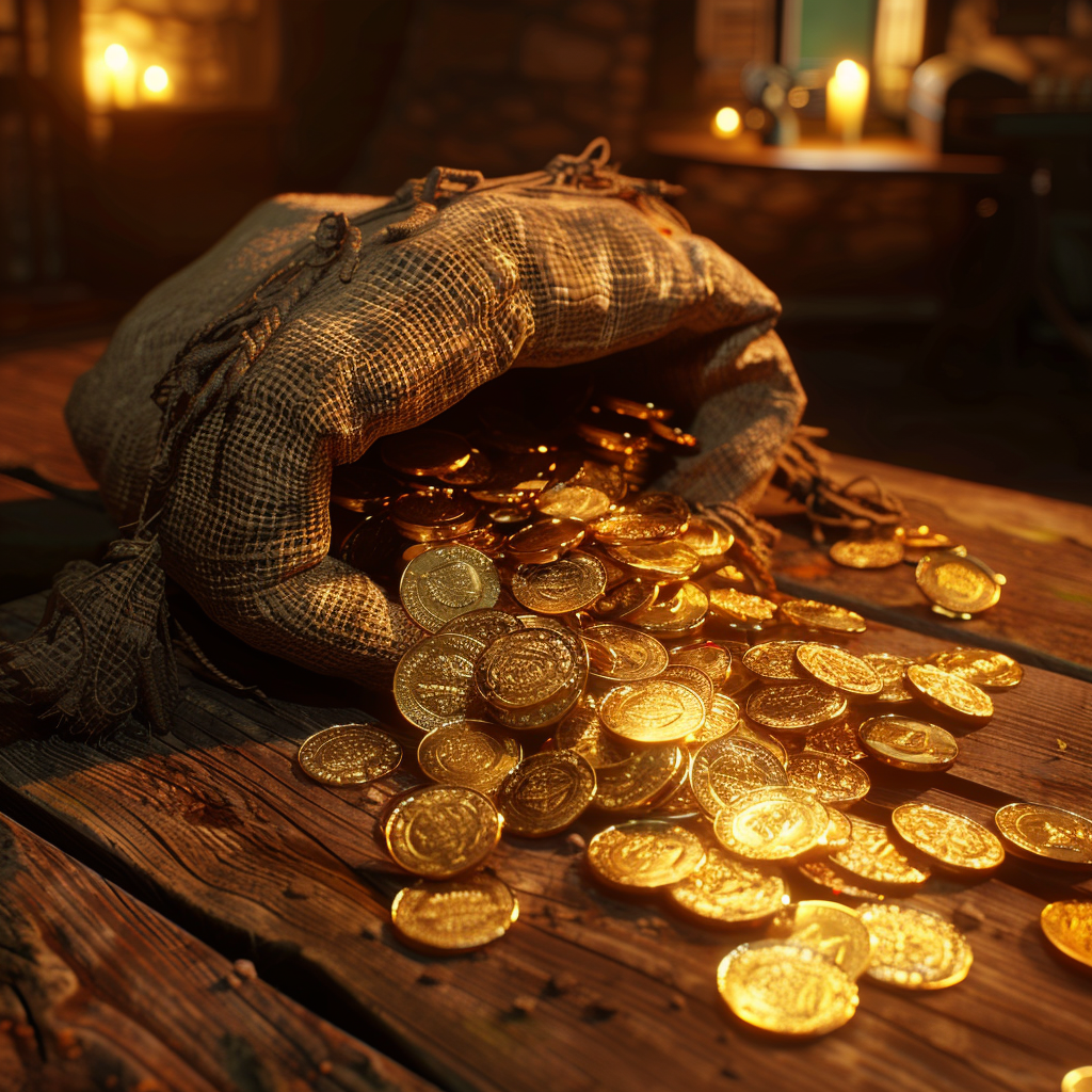 Fantasy gold coins on wooden table