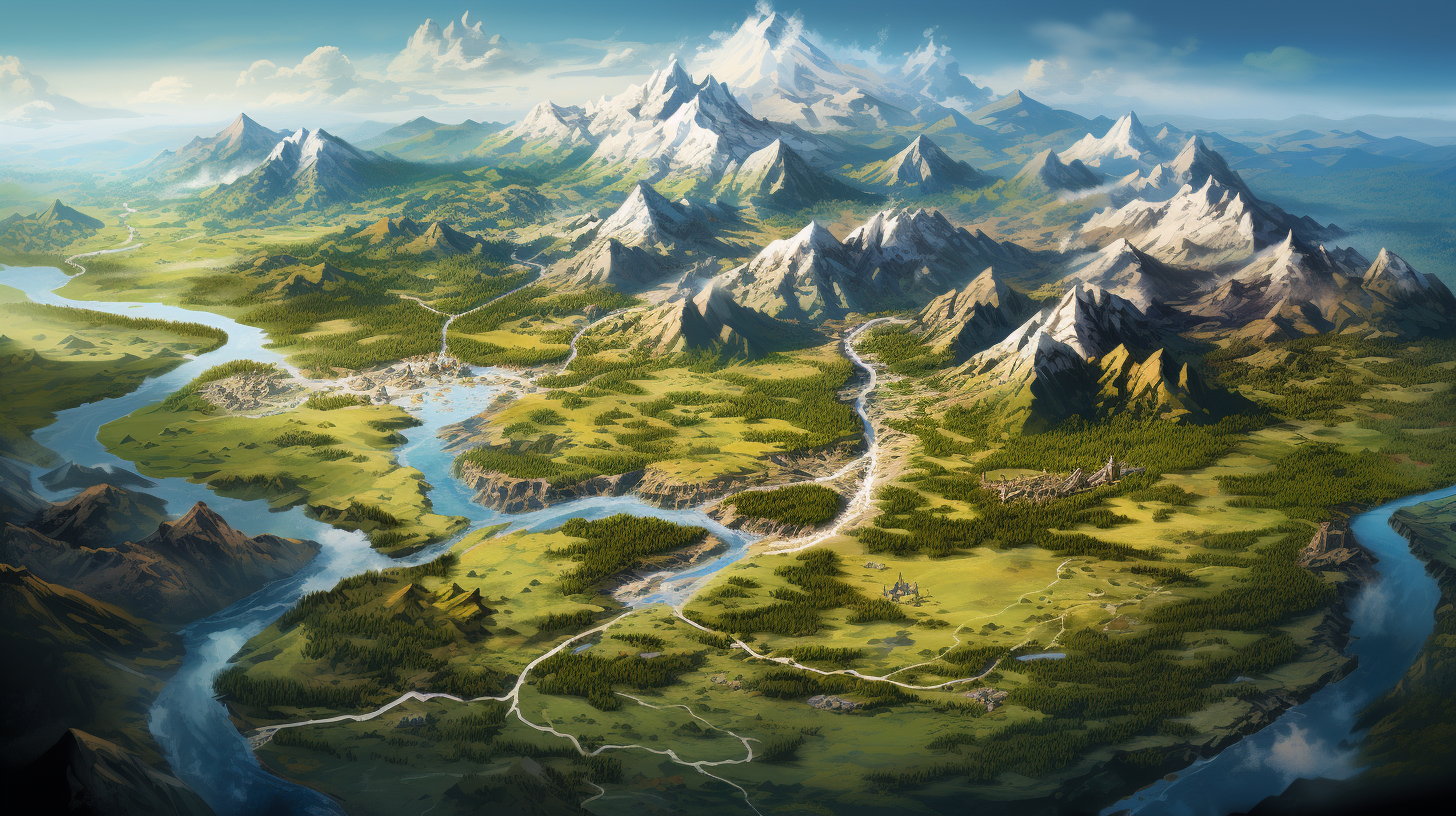 Fantasy grassland map with mountains and river