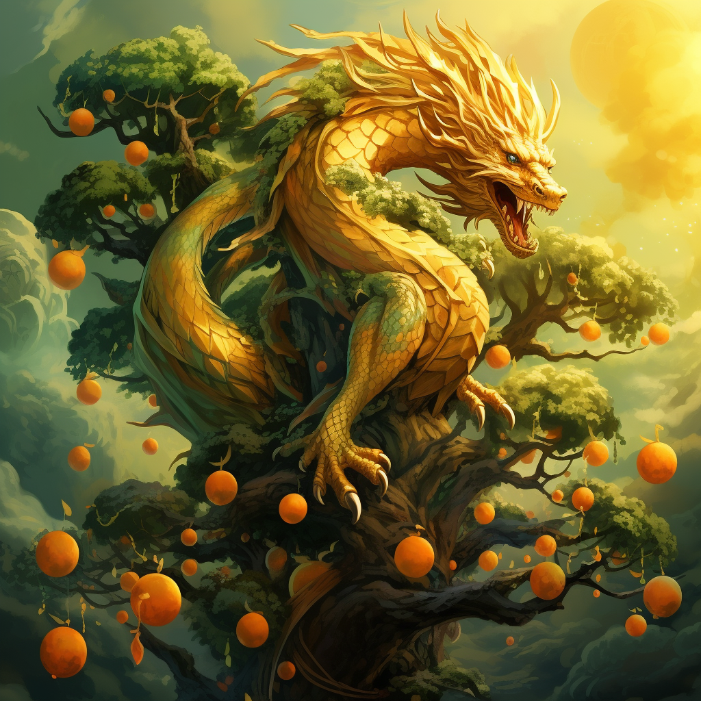 Green dragon and golden oranges