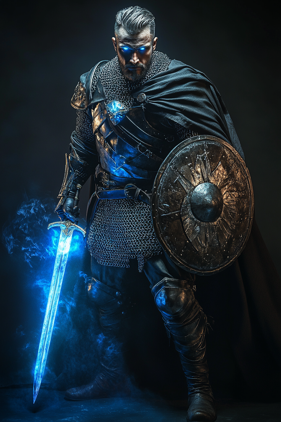 Fantasy warrior holding glowing sword