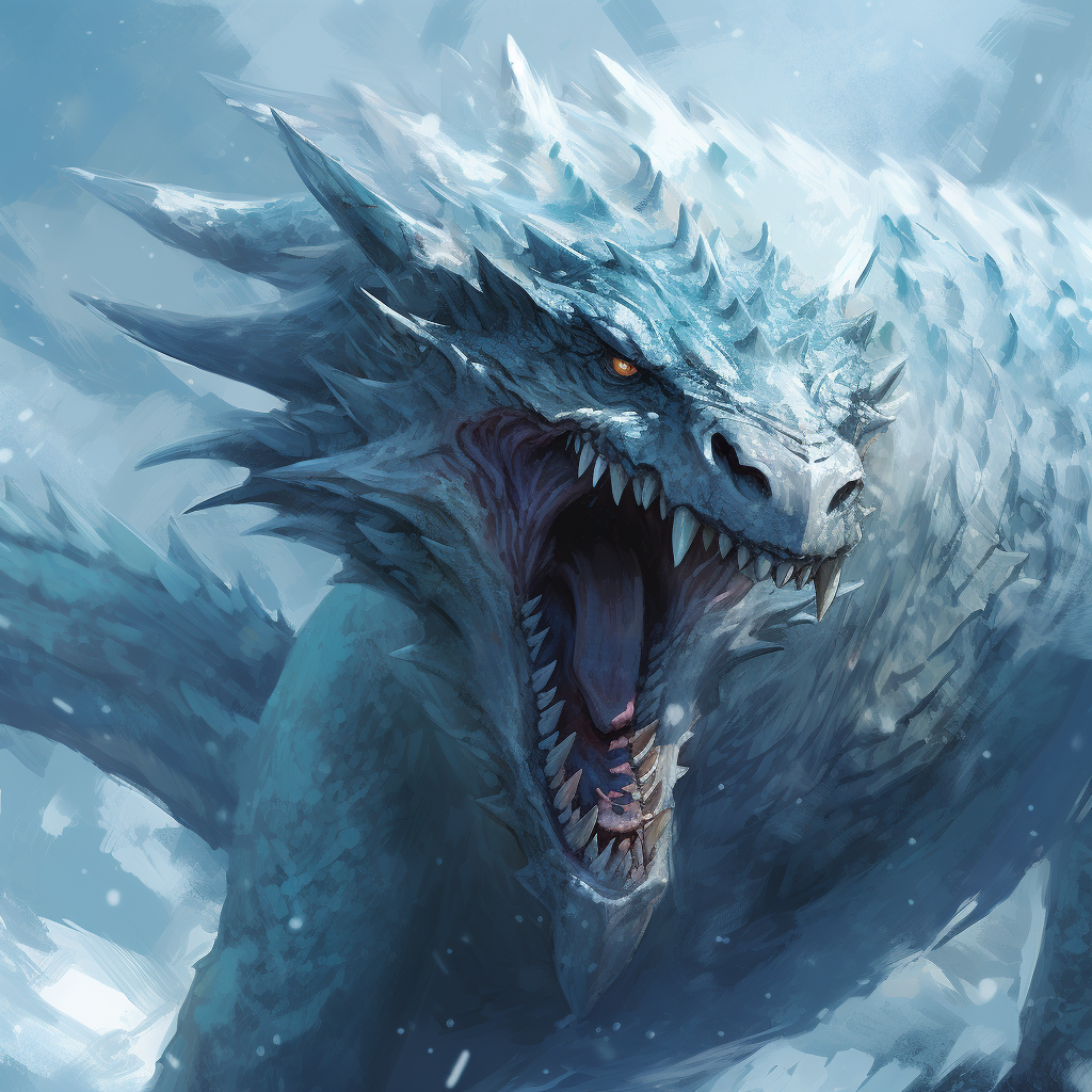 Frozen fantasy ice dragon roaring in blizzard