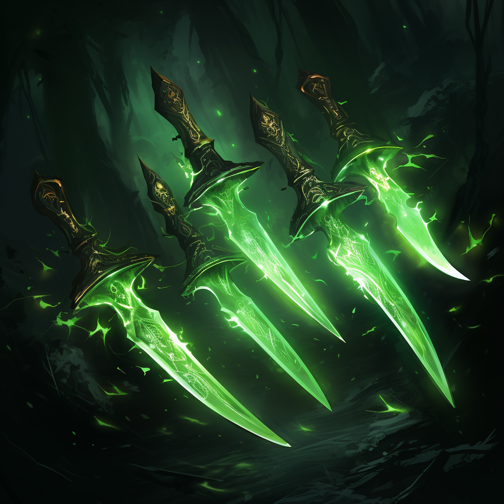 Image of glowing green poisoned throwing knives