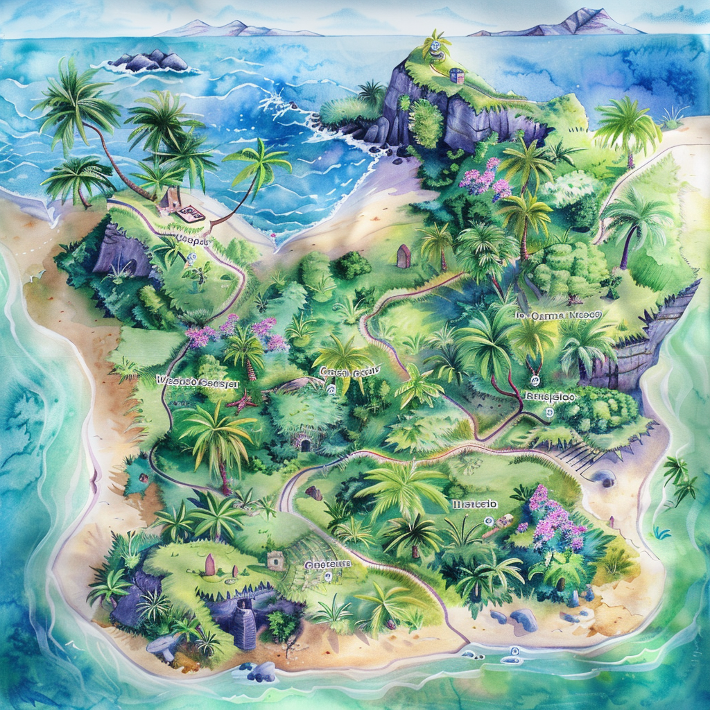 Vibrant watercolor map fantasy island