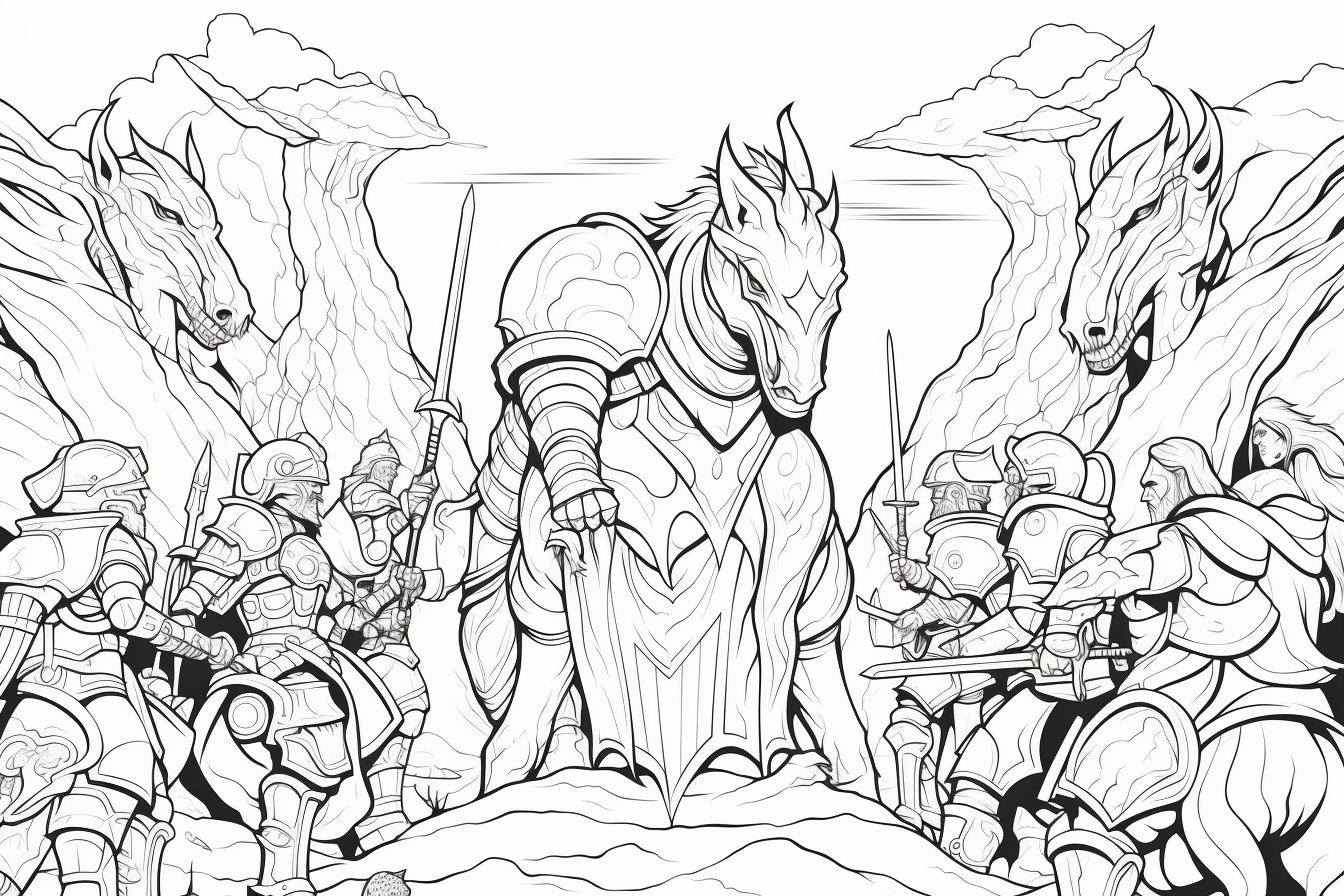 Coloring page of knights battling fantasy creatures