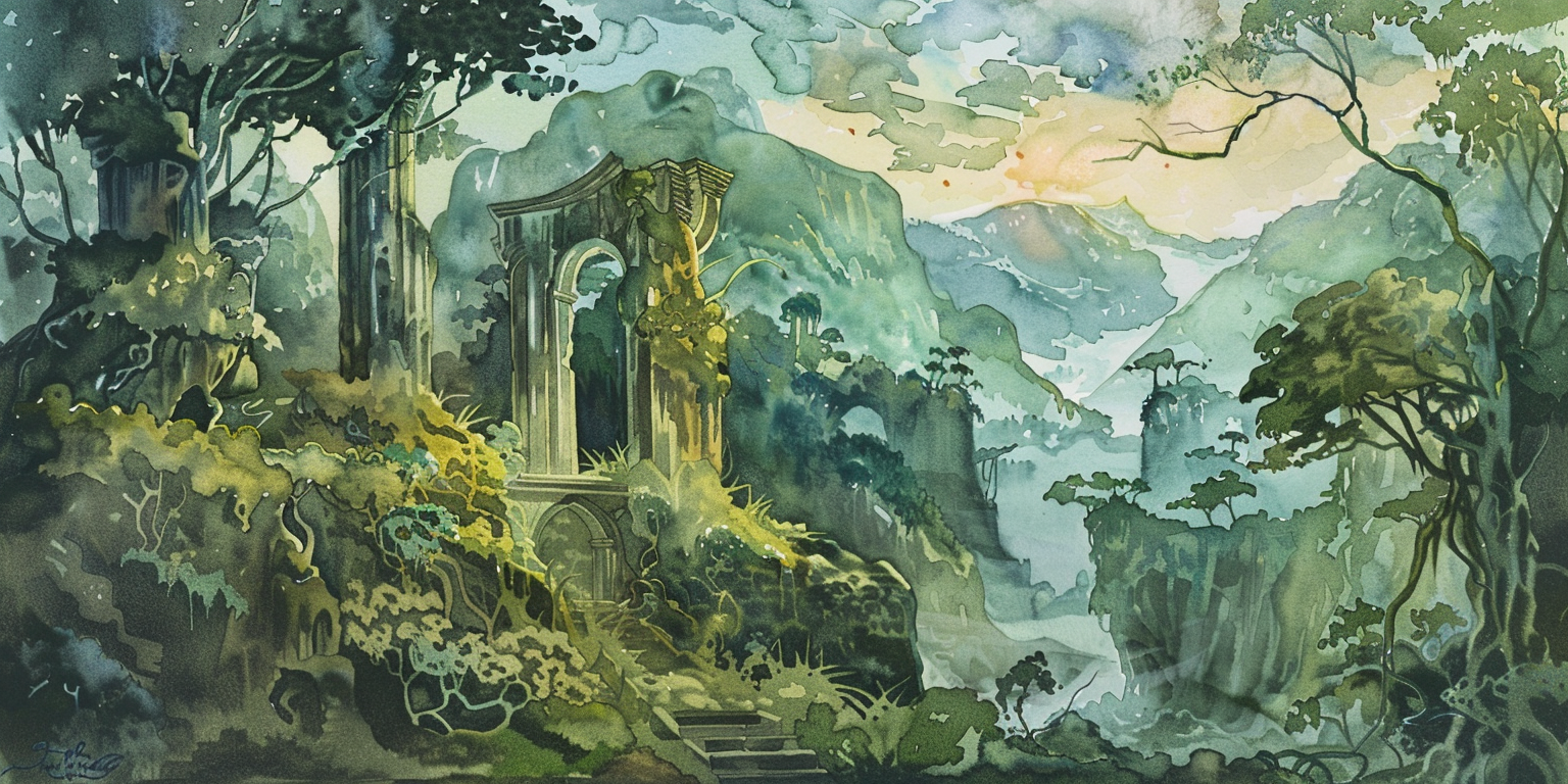 Fantasy landscape ruins watercolor art