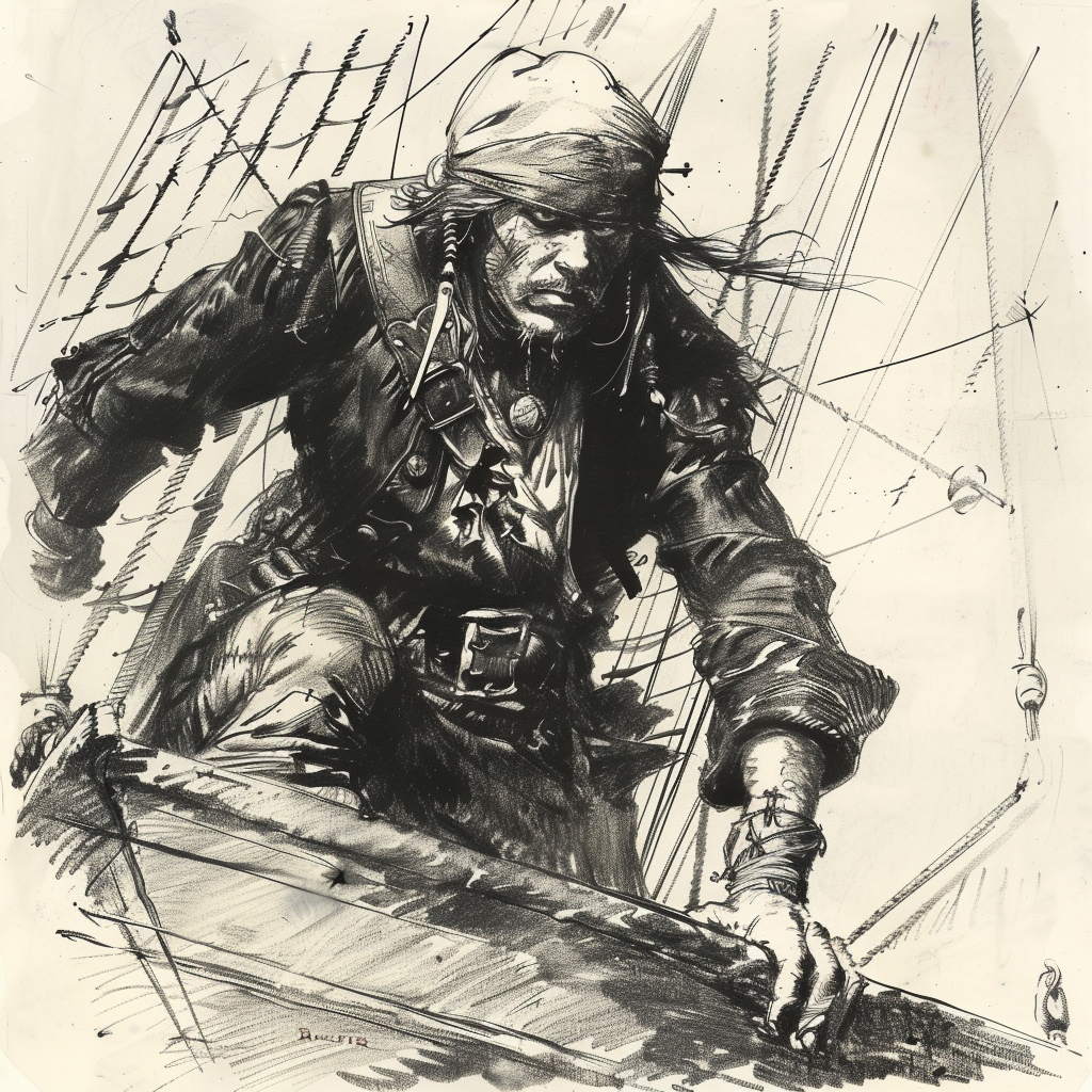 Pirate Fantasy Lithograph Drawing