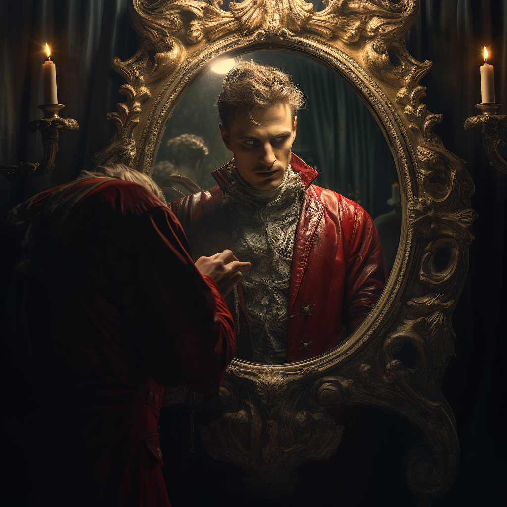 Man in Fantasy Clothes Looking in Mirror