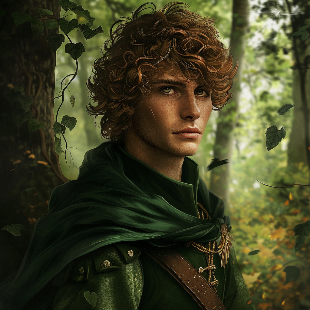 Fantasy man in green clothing in woods