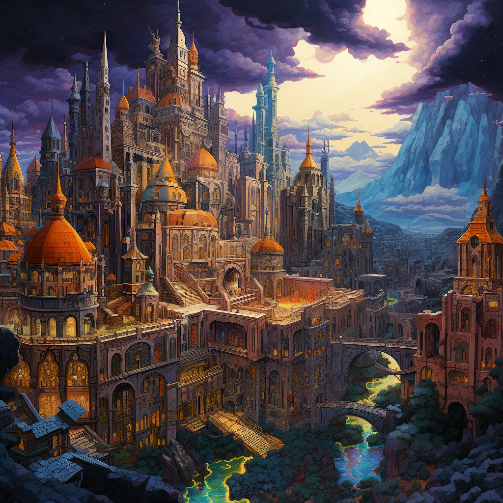 Colorful 80s-style fantasy medieval city drawing