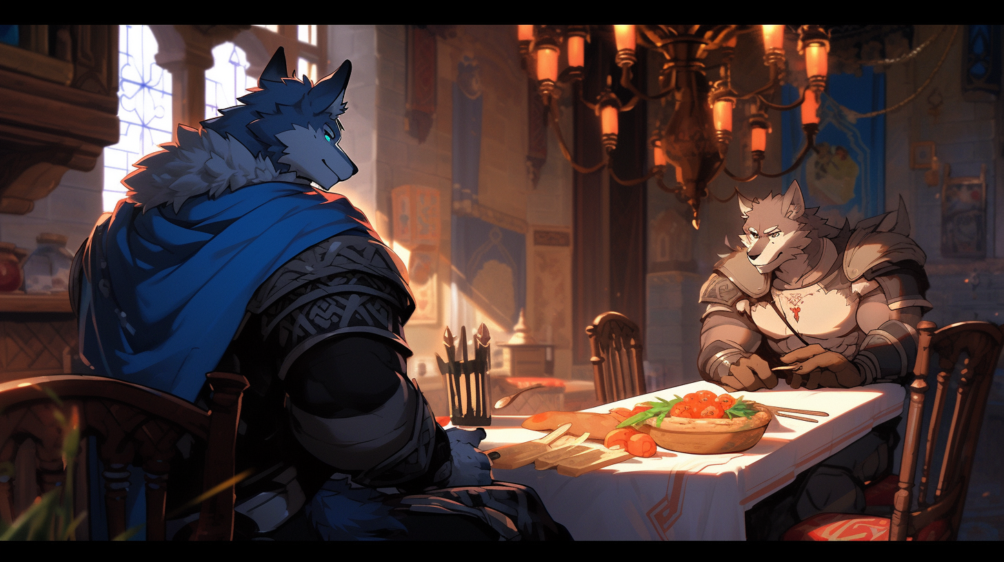 Wolf and Human Enjoying Lunch at Medieval Cafe