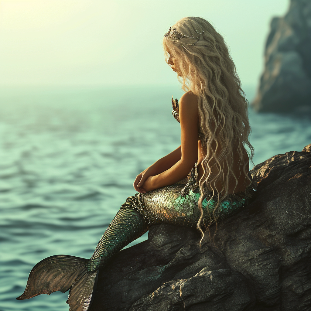 fantasy mermaid on rock by sea