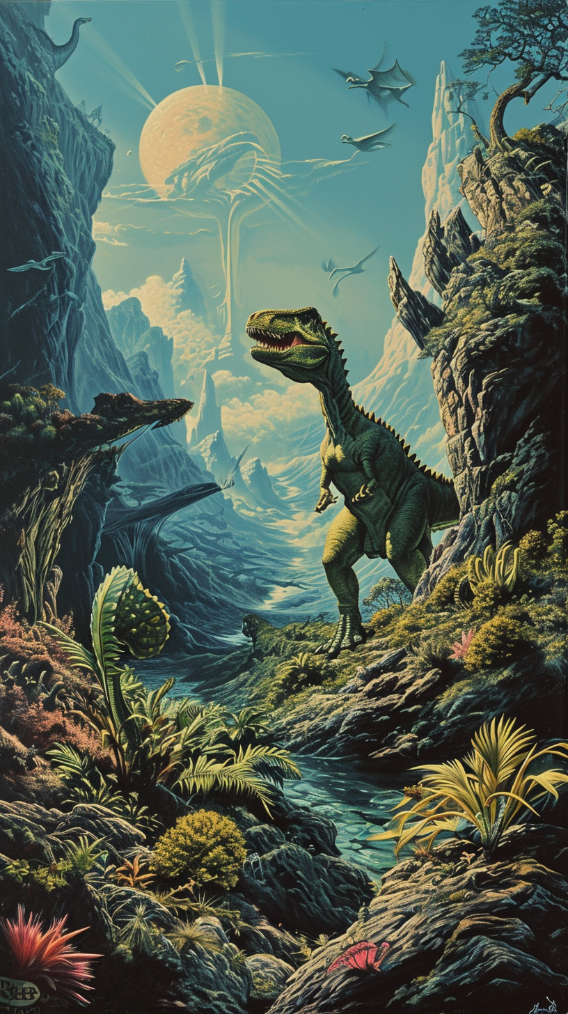 Surrealistic depiction of dinosaurs in nature