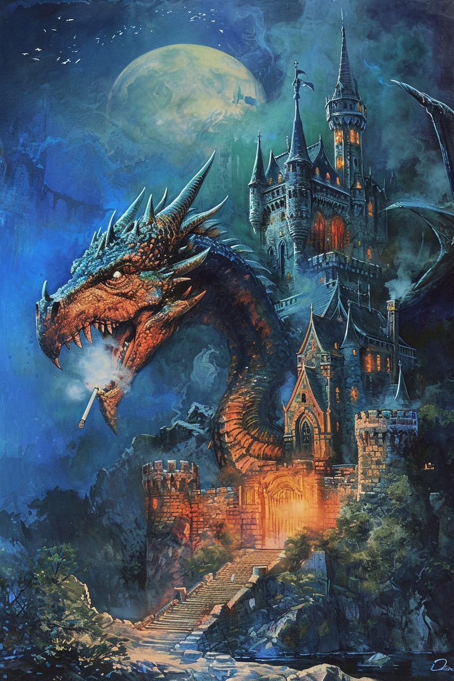 Giant Dragon Smoking near Castle