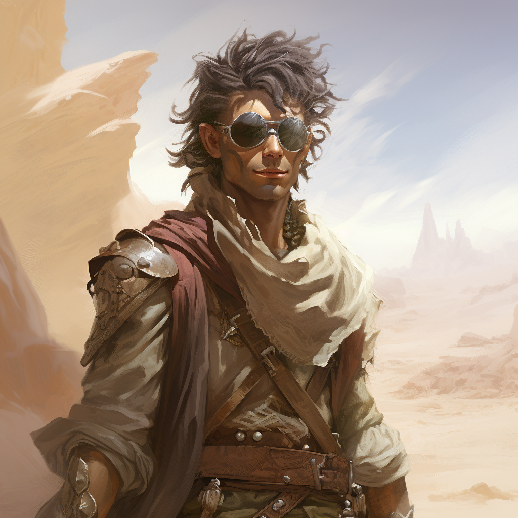 Desert elf with glasses in fantasy Pathfinder attire