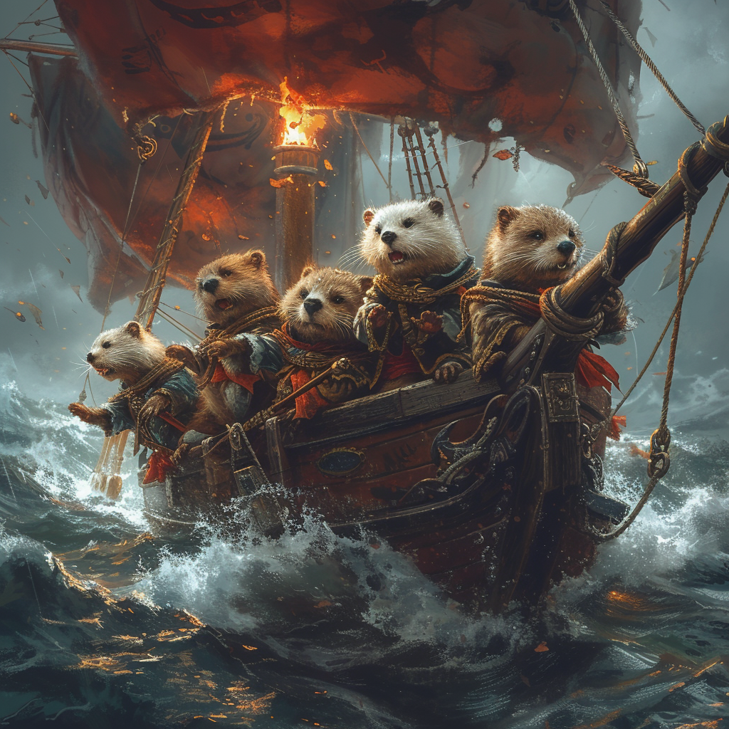 Fantasy pirate ship with otter crew sailing