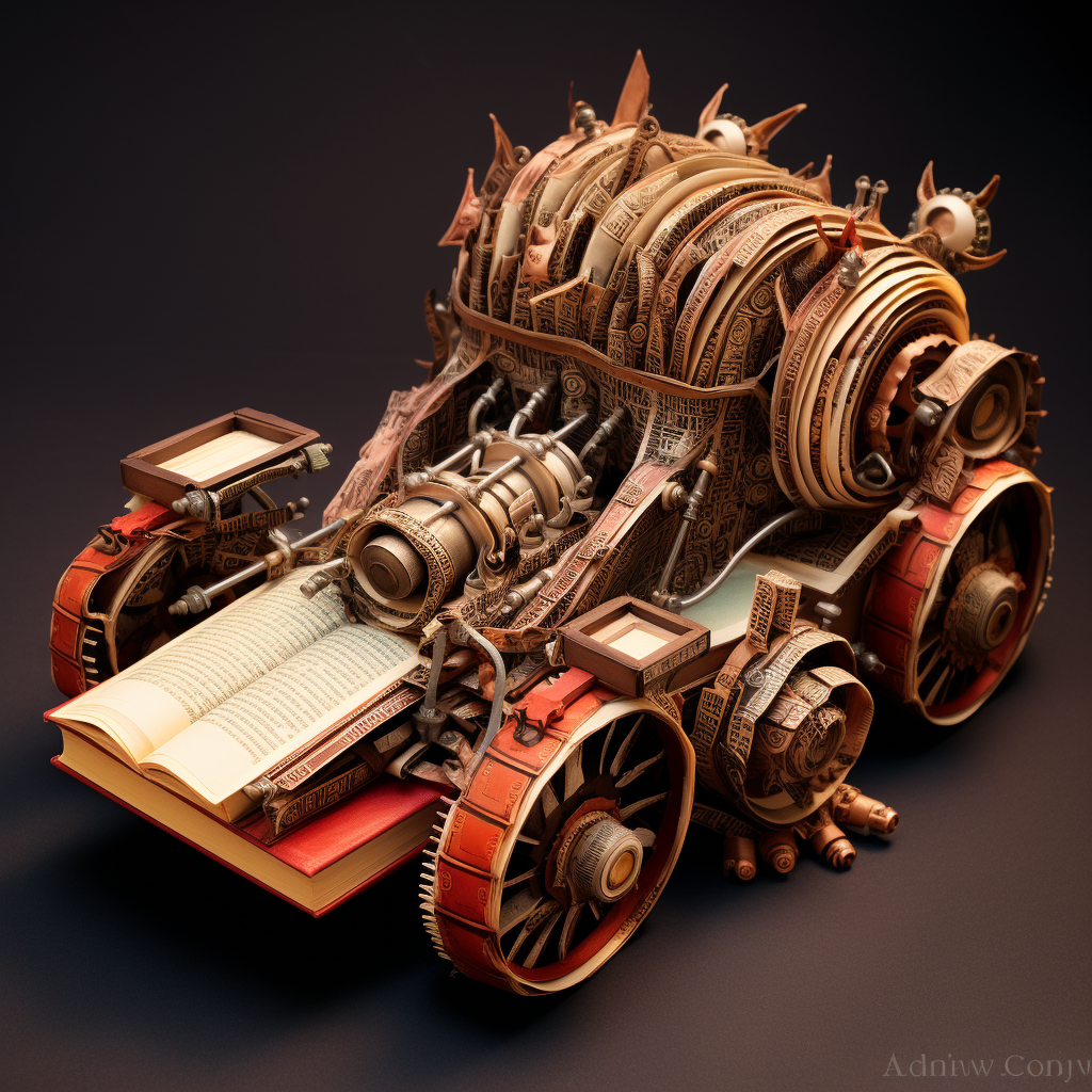 Fantasy rocket engine car made of books