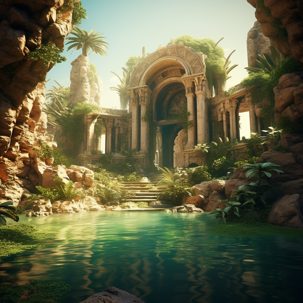 Ruined temple in desert oasis with green plants