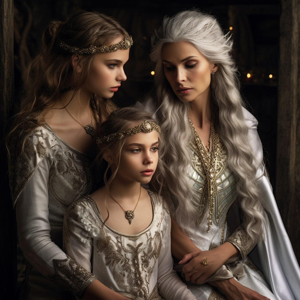 Elderly Queen and Silver Elf Daughters in Fantasy Setting