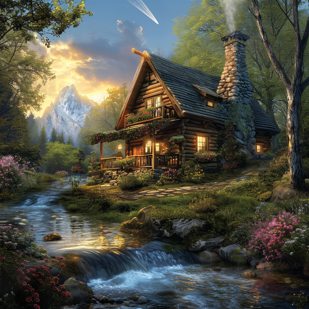 Fantasy stream log cabin with front porch