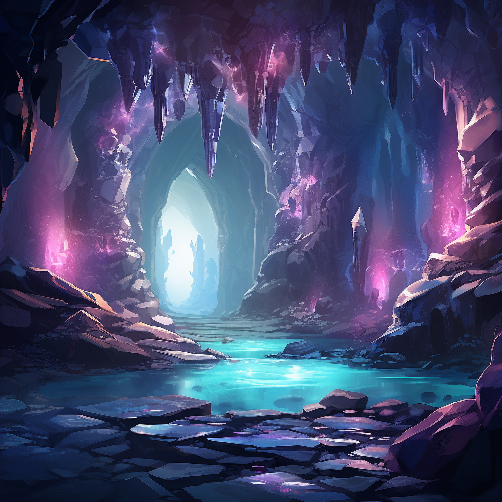 Fantasy cave with glowing crystals and waterfall