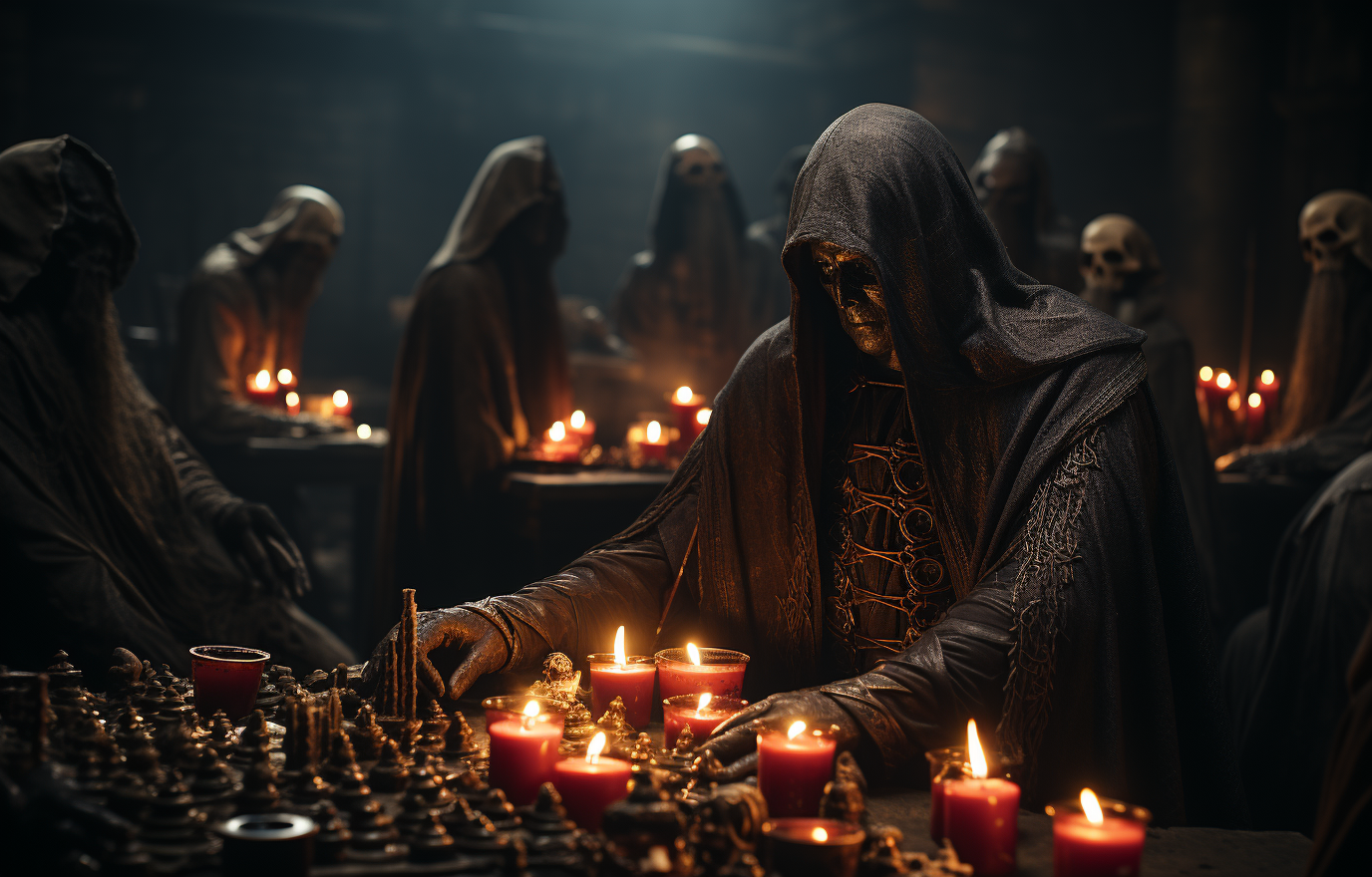 Group of robed and hooded men performing summoning ritual