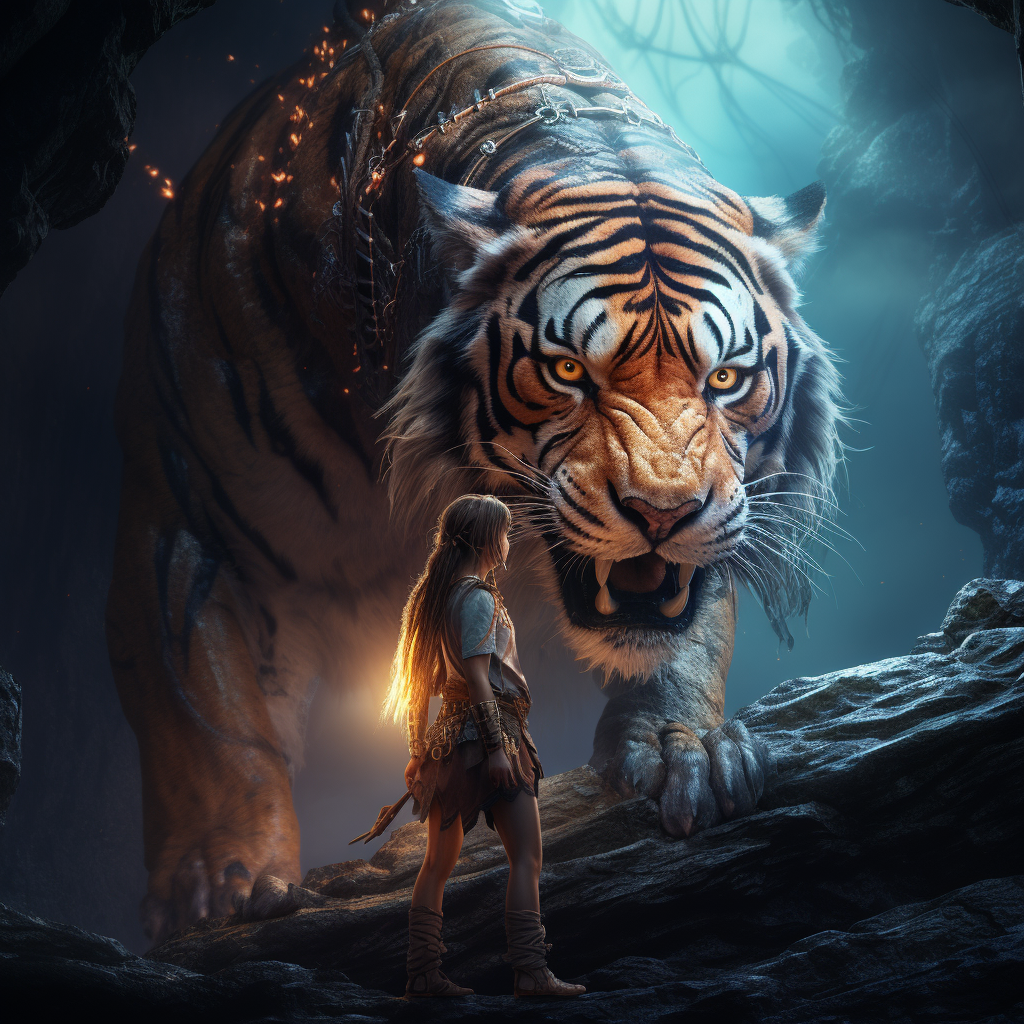 Majestic fantasy tiger standing with climbing girl