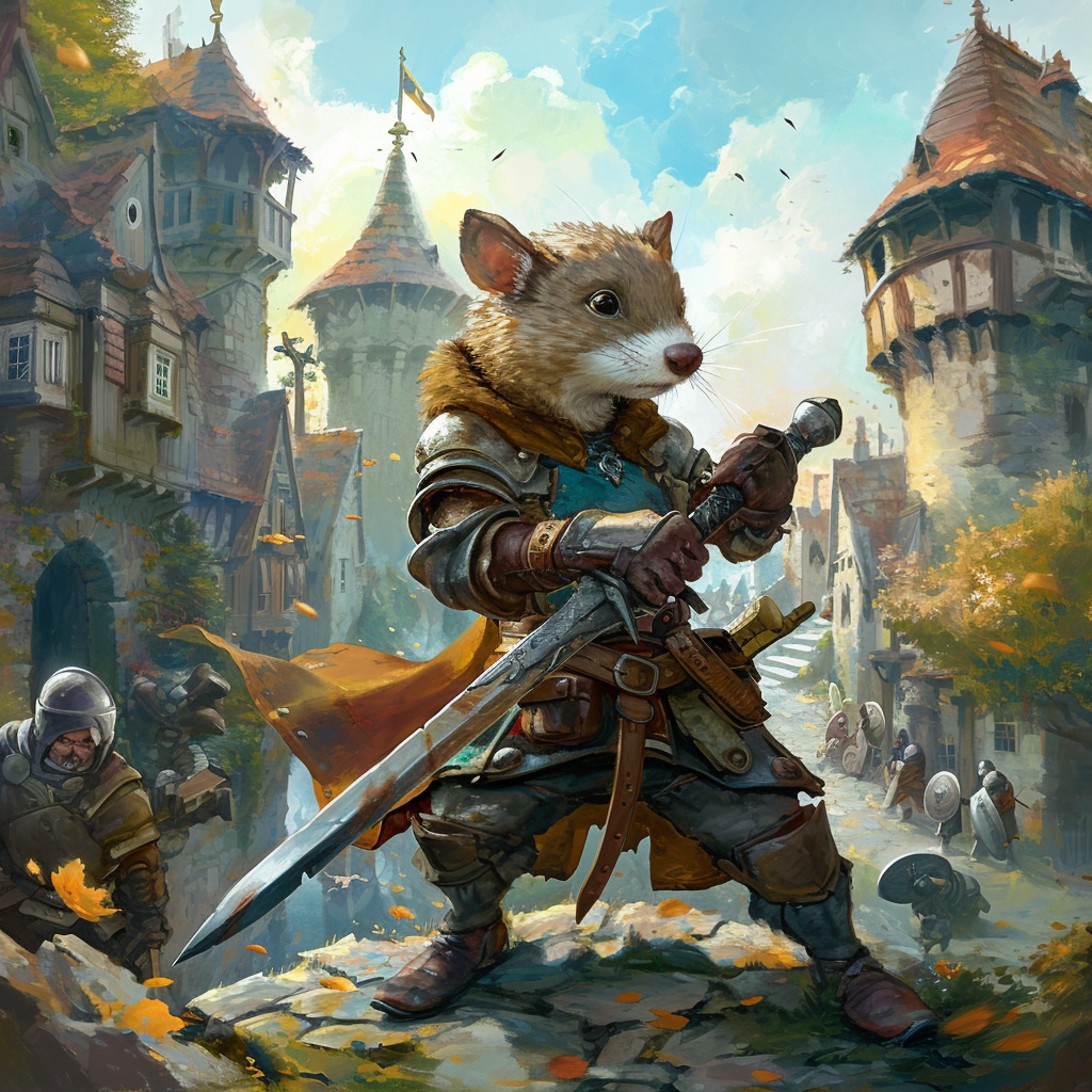 Weasel in Medieval Armor Defending Town