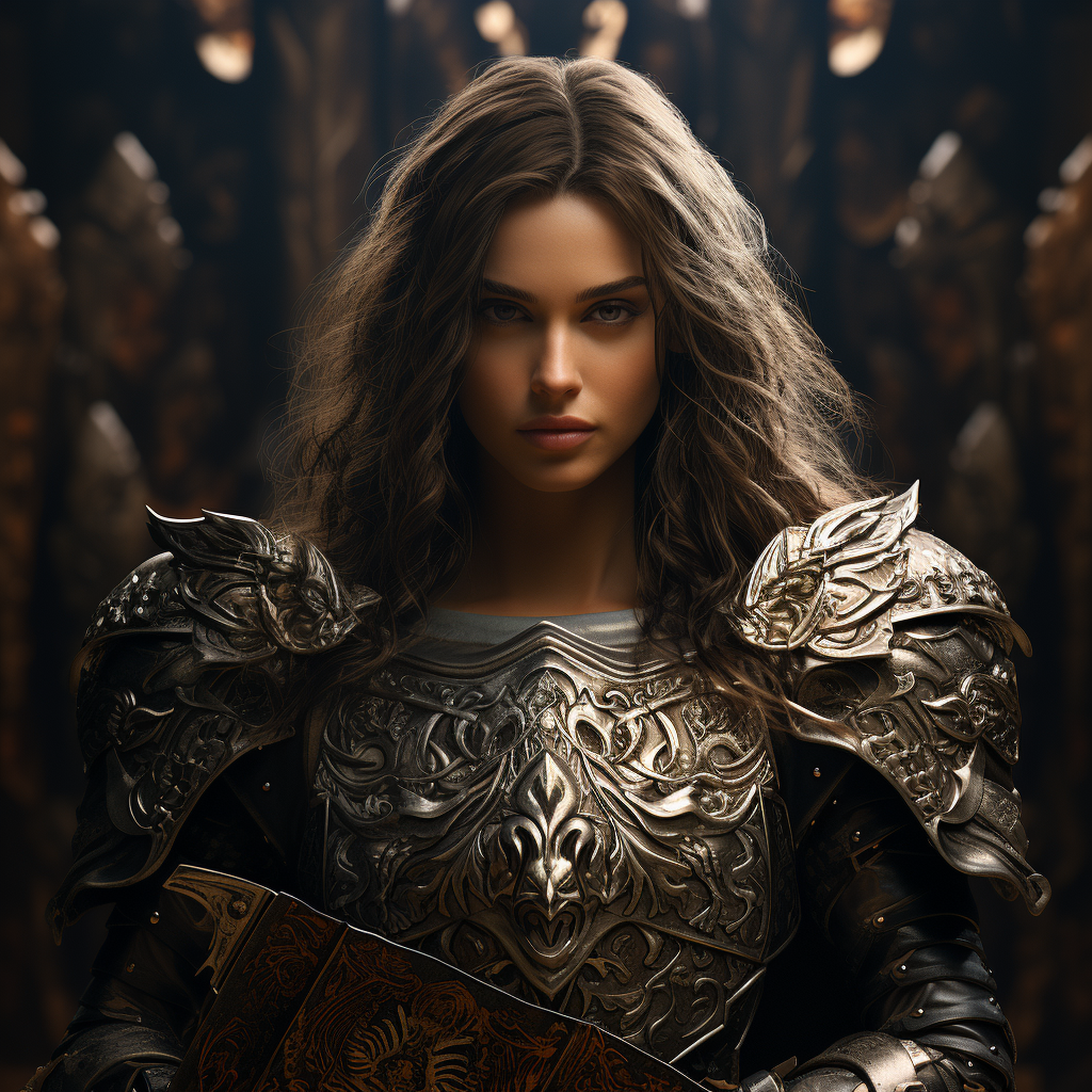 Dark-haired warrior queen holding a sword and shield