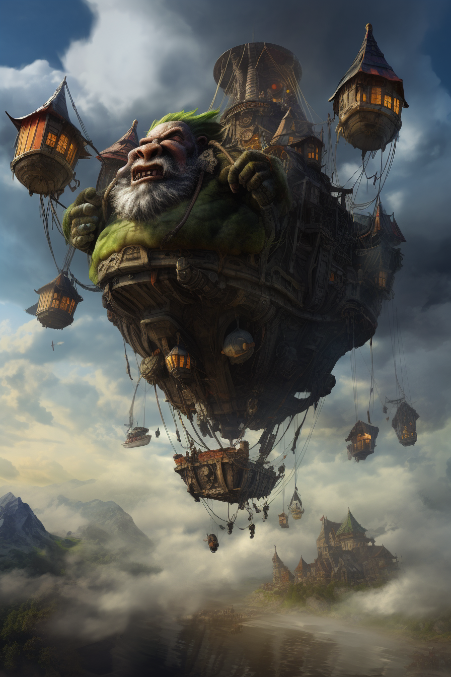 Fantasy airship with flying dwarves and evil hag