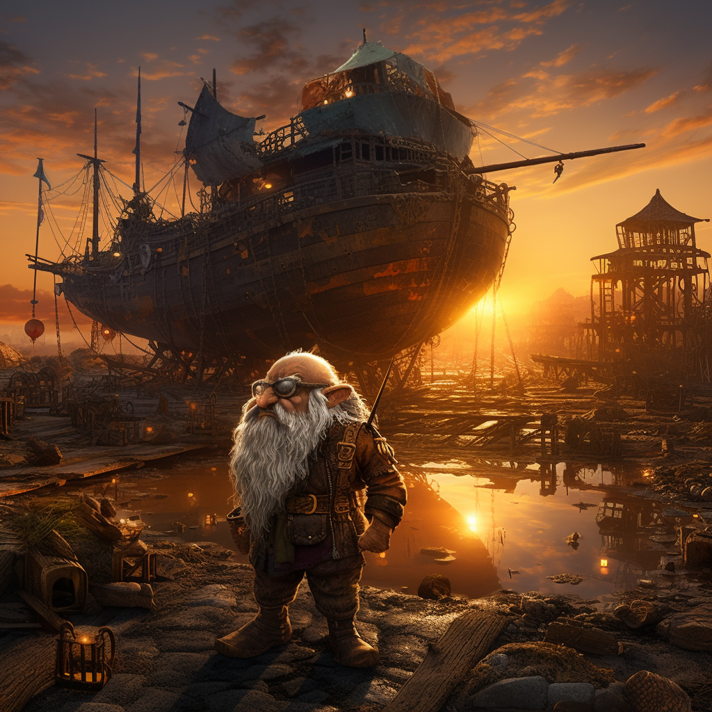 Gnome pulling muddy airship at sunset