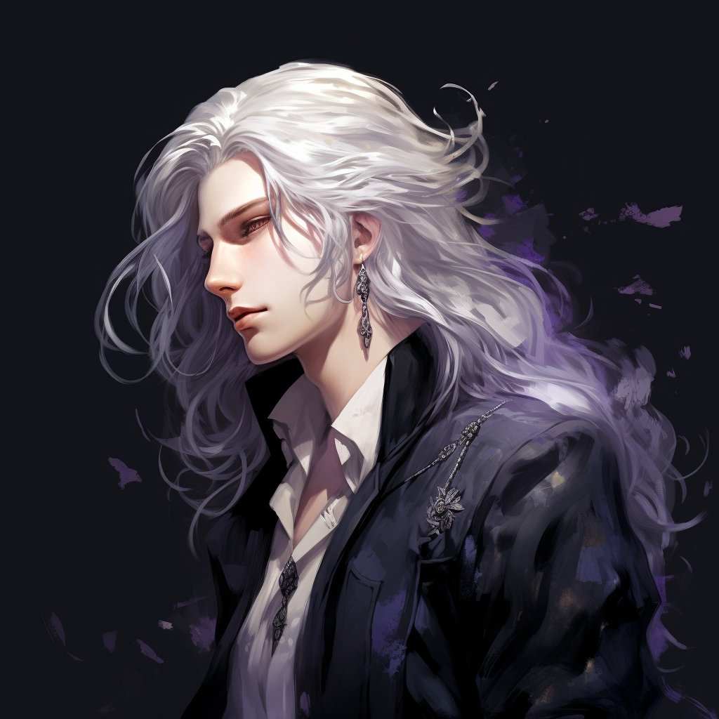 Androgynous man with long white hair in profile