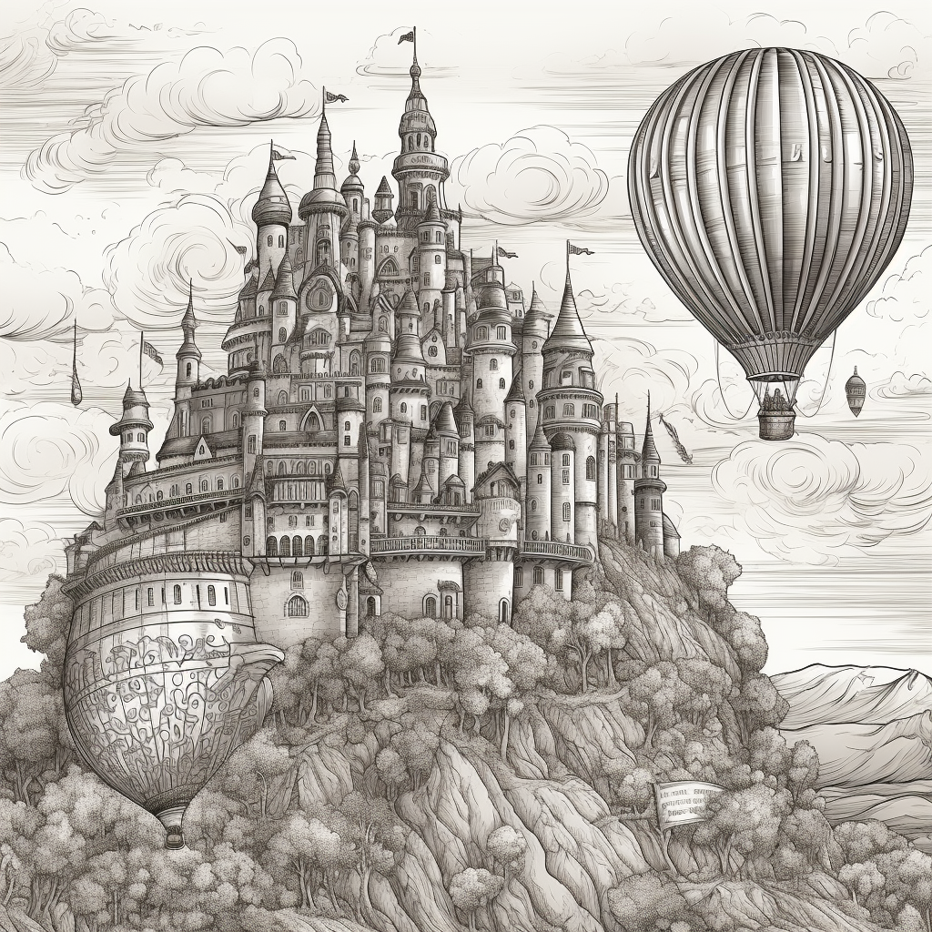 Fantasy Balloon Castle Coloring Book Style