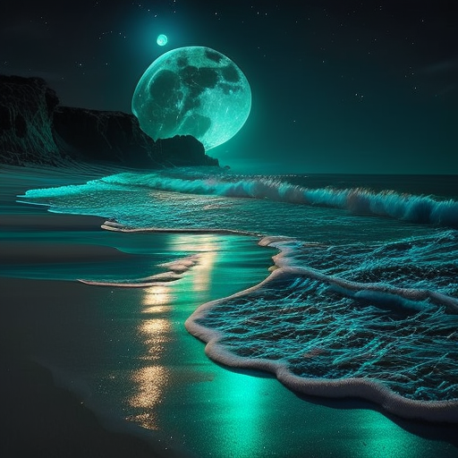 Fantasy beach at night with glowing lights