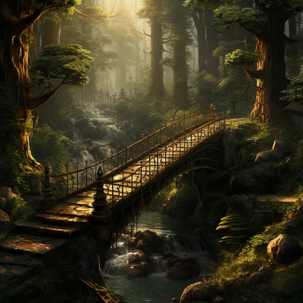 Scenic bridge in a fantasy book forest