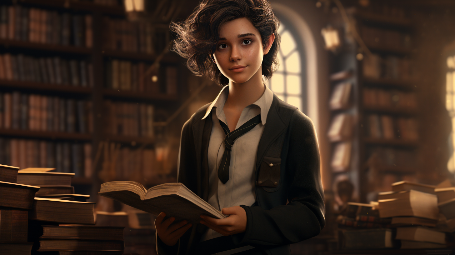 Androgynous fantasy book character holding books