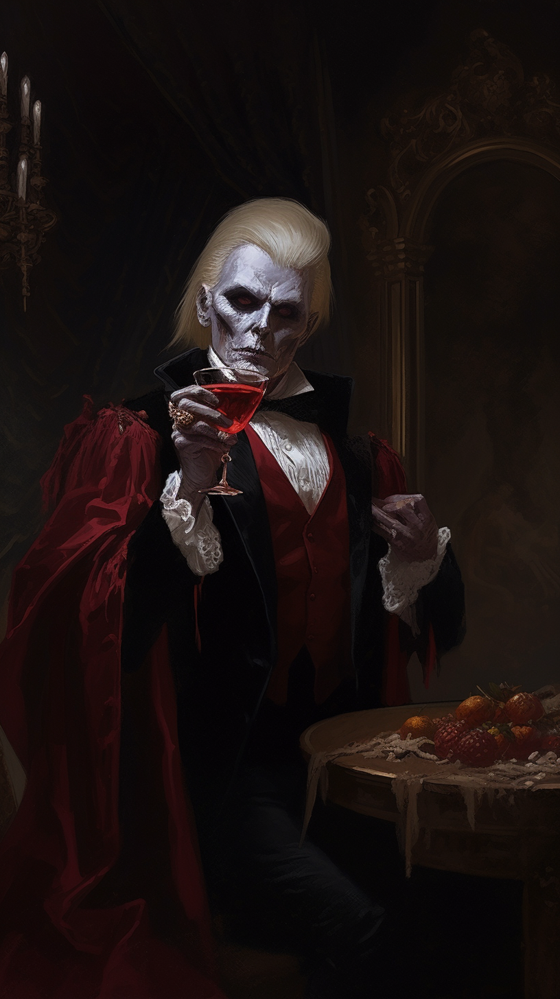 Donald Trump in vampire attire drinking wine