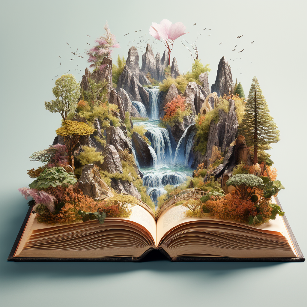 A stunning fantasy landscape in an open book