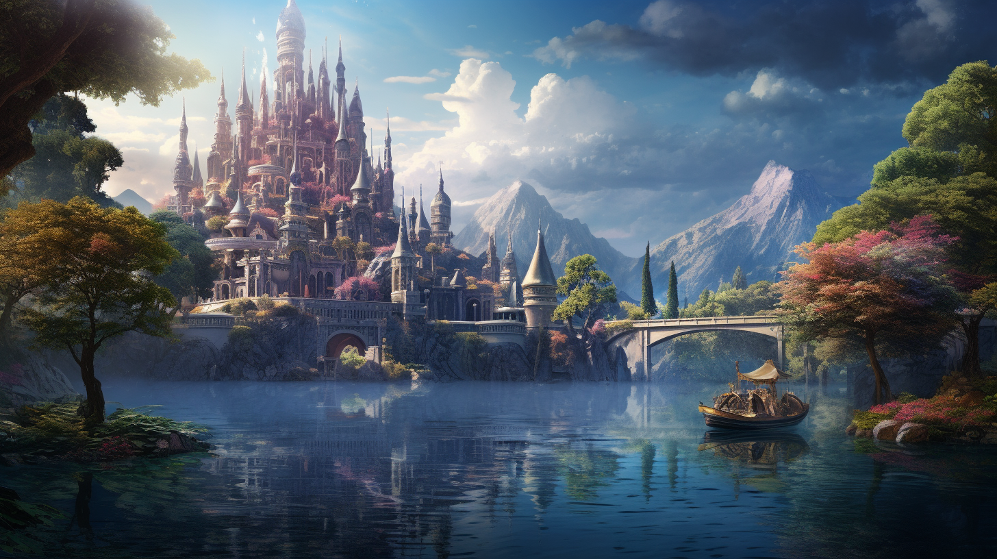 A captivating fantasy city near a serene lake