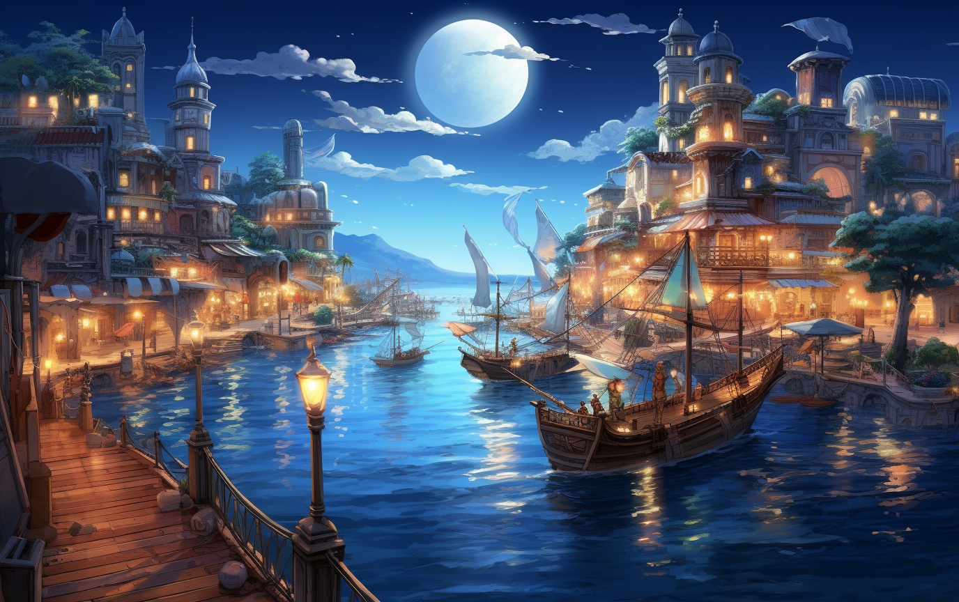 Picturesque fantasy coastal city artwork