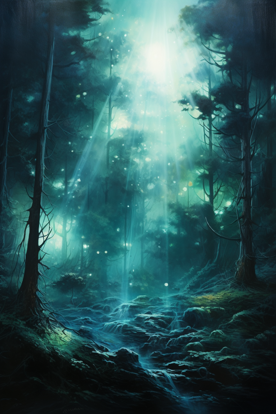 Sun rays shining through fantasy forest