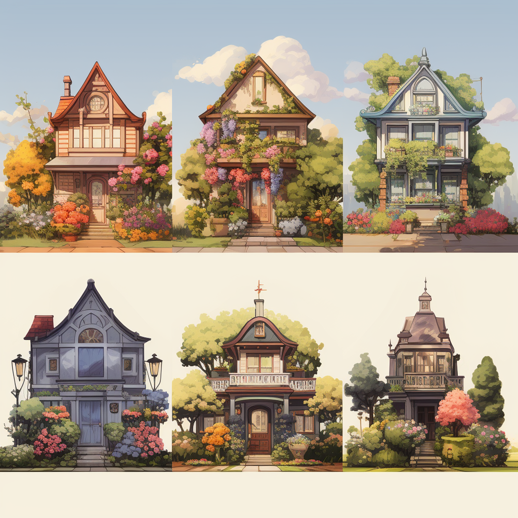 Row of Fantasy Houses with Flowers