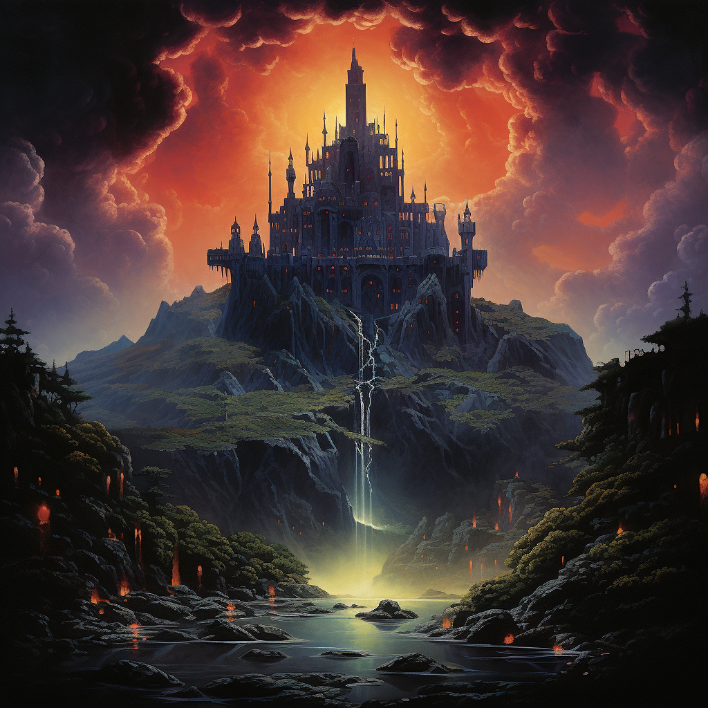 Dark fantasy book cover art showing floating island with warm castle and forest