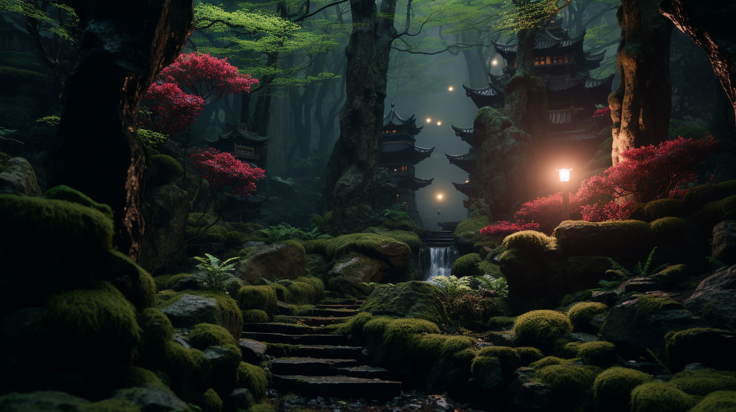 Serene Evening in Fantasy Japanese Forest