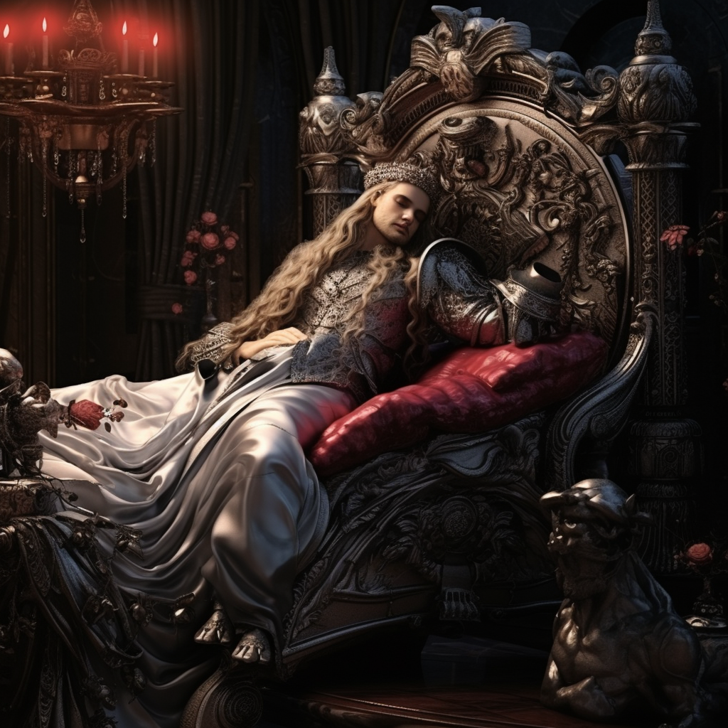 Fantasy Lord resting on bed with maiden