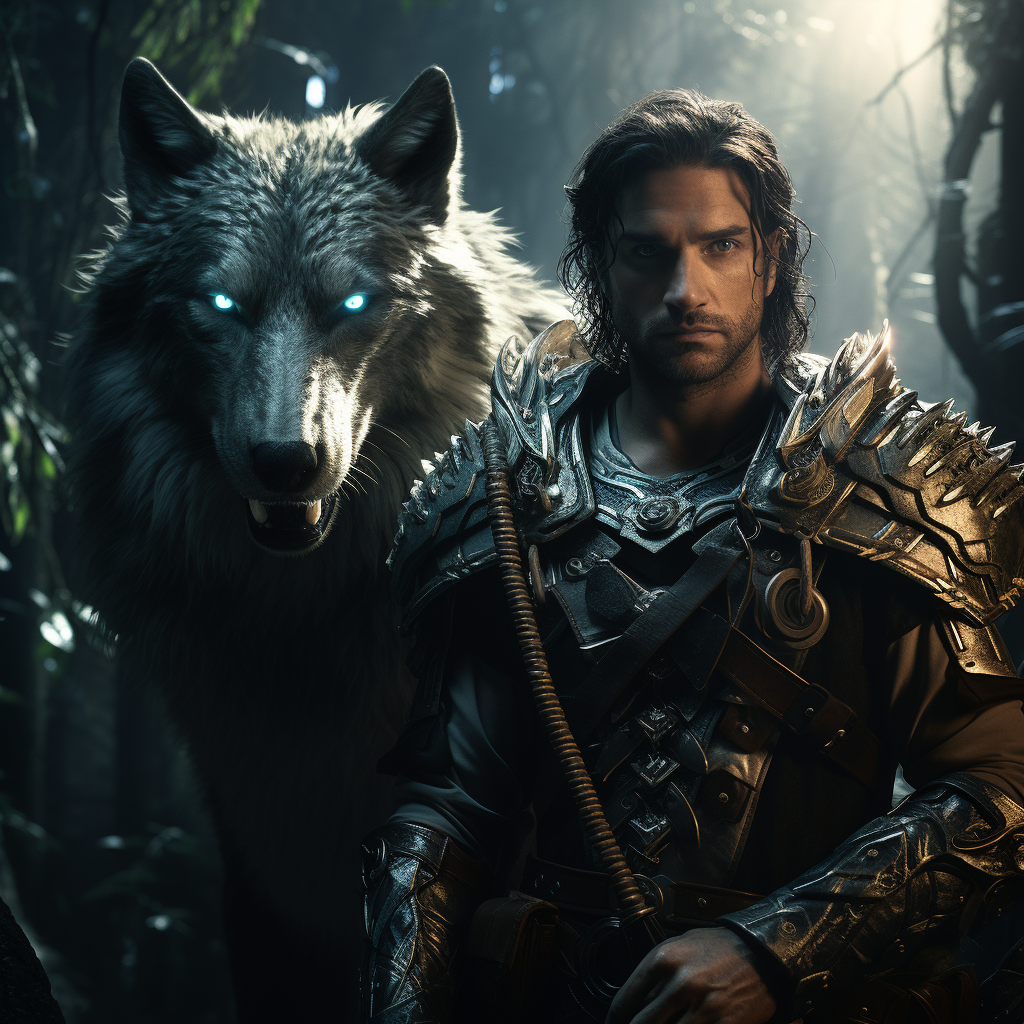 Fantasy man and pet wolf in enchanted forest