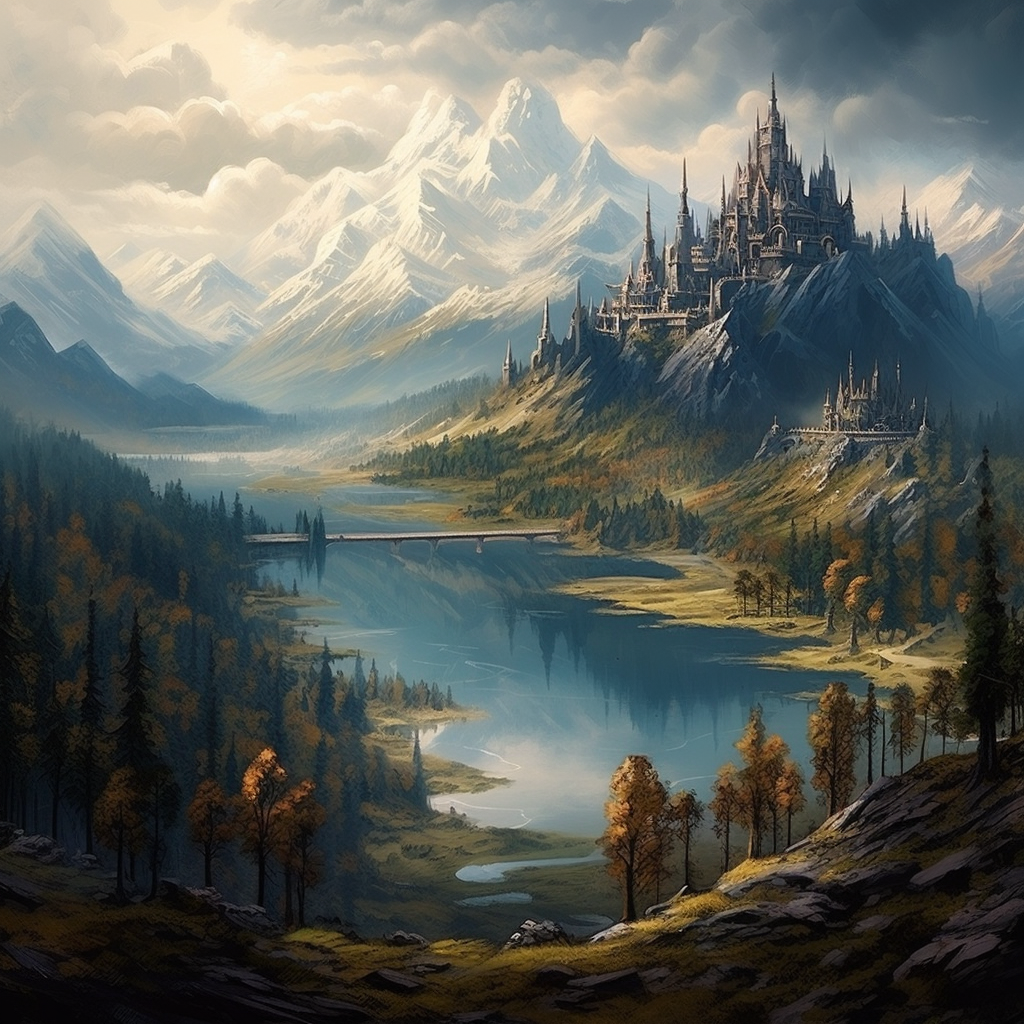 Fantasy Medieval Landscape with Mountains, Lakes, and Forests