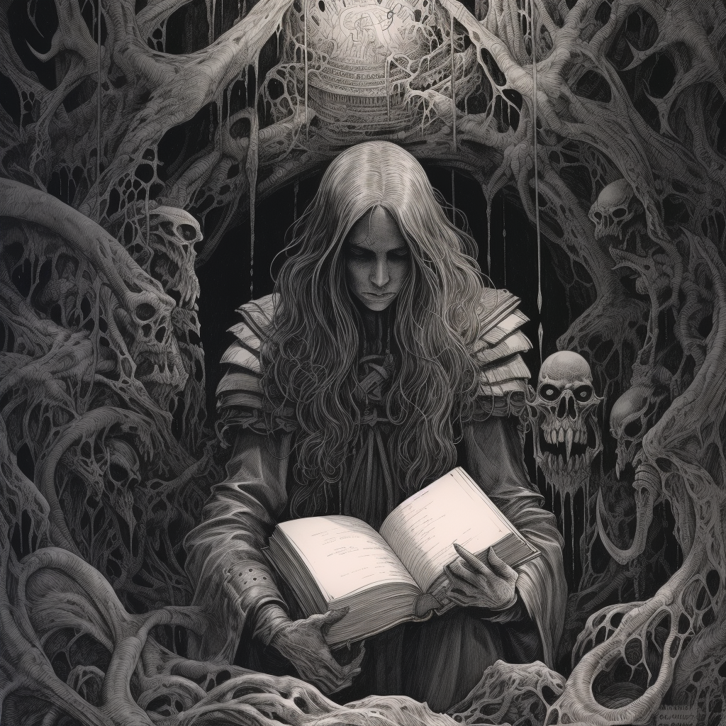 Dark fantasy art of a powerful necromancer woman