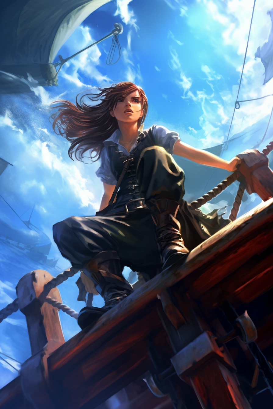 Fantasy pirate girl drying laundry on pirate ship