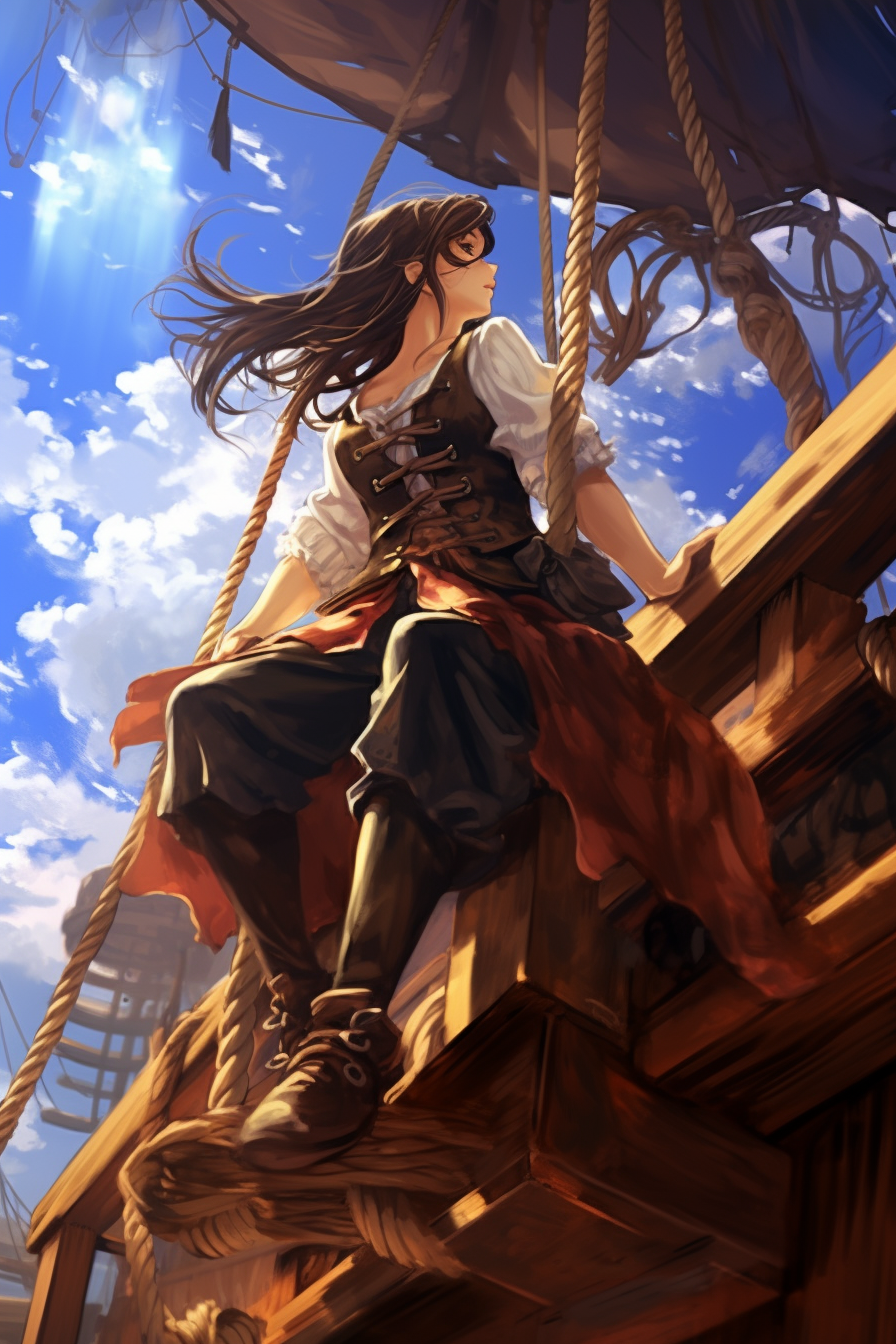 Anime girl drying laundry on pirate ship