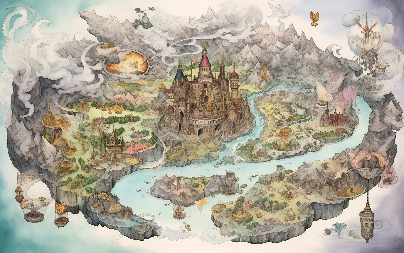 Artistic depiction of a fantasy realm map